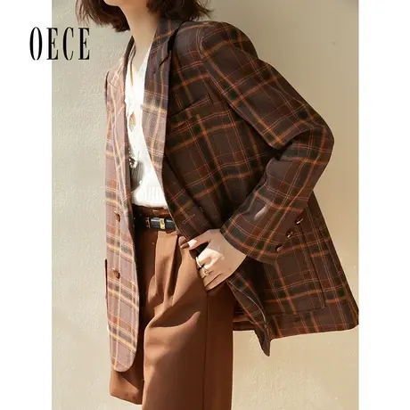 Oece炸街小西装外套春新款女复古经典格纹女士西服商品大图