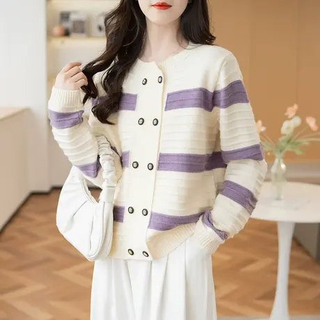 秋装2023新款女士毛衣外套开衫薄款春秋高级感外搭小香风条纹上衣图片