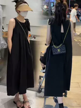 夏季法式复古气质高级感压褶显瘦无袖连衣裙后背镂空休闲背心裙子图片