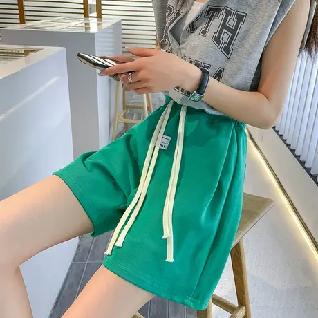 绿色运动短裤女五分裤夏季薄款2023新款高腰直筒休闲阔腿情侣中裤图片