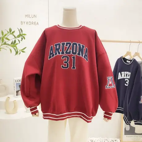 2021秋冬款韩国东大门复古日系宽松古着感加绒厚卫衣运动休闲大码商品大图