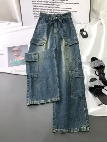 韩版大口袋牛仔工装裤女2023秋季新款bf宽松男友裤高腰显瘦休闲裤商品大图