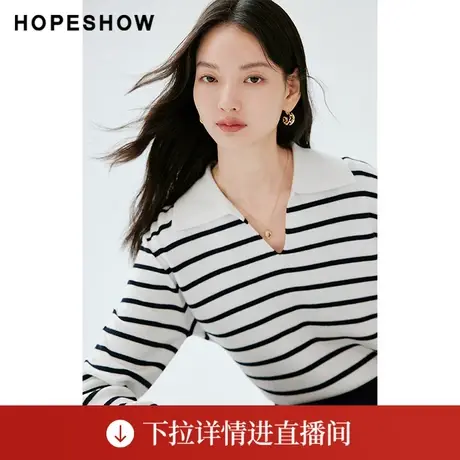 【直播专享】秋季女装条纹落肩V字翻领套头针织衫90123320101红袖商品大图