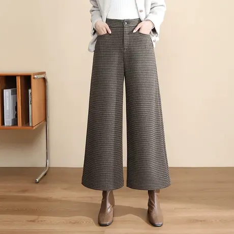 羊毛呢格子裙裤女2023秋冬新款高腰显瘦垂感九分裤时尚洋气阔腿裤商品大图
