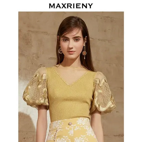 MAXRIENY夏季V领短泡泡袖薄款毛衫女时尚洋气复古设计感商品大图