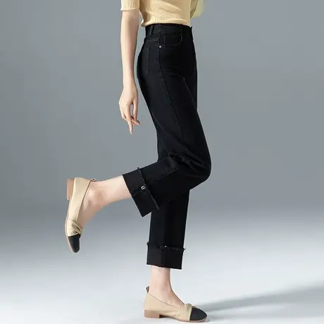 黑色窄版卷边直筒牛仔裤女2024年新款女裤高腰翻边烟管裤九分裤子商品大图