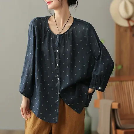 dza 文艺复古苎麻女士衬衫2023夏季圆领长袖衬衣宽松棉麻开衫上衣图片