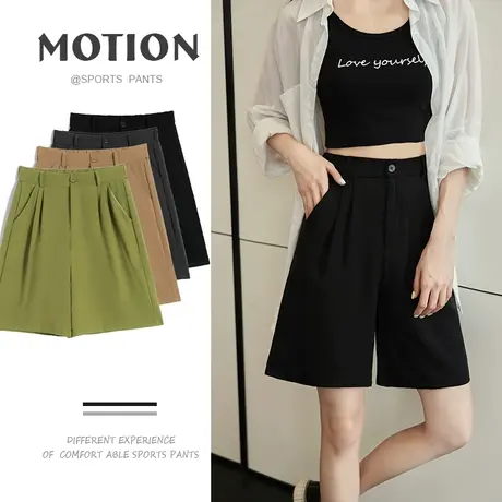 黑色西装短裤女夏季薄款宽松休闲阔腿高腰直筒a字显瘦5五分裤中裤图片