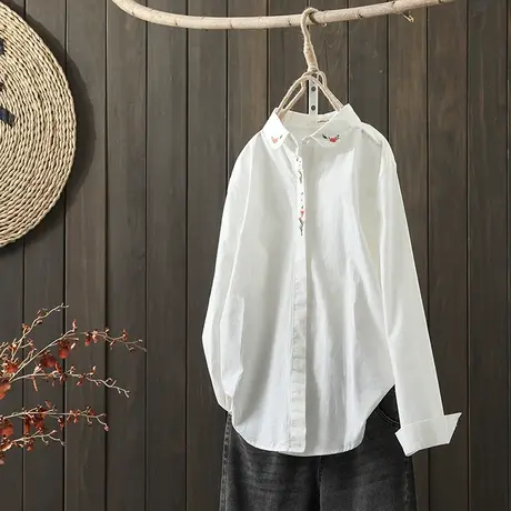 枫谜2021年秋装新款文艺简约刺绣长袖衬衫女宽松休闲白色衬衣上衣图片