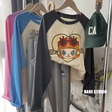 秋新款刺绣字母娃娃头像插肩袖减龄长袖T恤女内搭打底洋气减龄潮商品大图