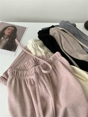 慵懒风抽绳阔腿裤女高腰垂感拖地裤秋冬款磨毛直筒休闲裤显瘦百搭商品大图