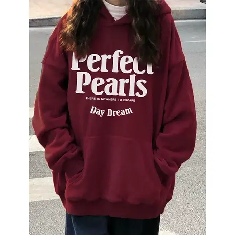 秋冬2022新款加绒酒红色连帽卫衣女ins潮大码复古学院风减龄外套商品大图