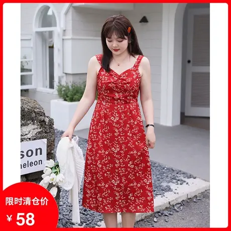 【清仓】胖MM碎花连衣裙2023年夏装新款法式复古收腰吊带红色长裙图片