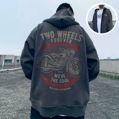 oversize秋冬季宽松加肥加大码连帽拉链开衫胖子卫衣男潮机车外套商品大图