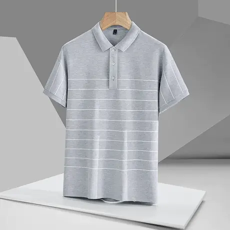 夏季新款冰丝高端polo衫男士英伦潮流修身短袖条纹翻领t恤上衣服商品大图
