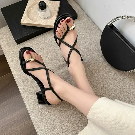 凉鞋女仙女风2024年新款低跟百搭粗跟夹趾简约韩版学生潮夏季女鞋商品大图