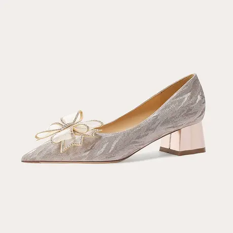 蝴蝶结高跟鞋女粗跟2024年春季新款尖头仙女风新娘秀禾婚纱结婚鞋图片