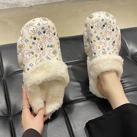 可拆卸洞洞棉拖鞋女秋冬季室内外穿可爱兔子厚底保暖毛绒防水拖鞋商品大图