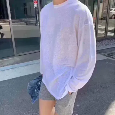 夏季冰丝t恤男长袖白色薄款韩国宽松韩版潮流东大门ins防晒打底衫商品大图