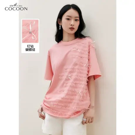 miss COCOON气质网纱拼接短袖2023春装新款女设计感小众纯棉T恤商品大图