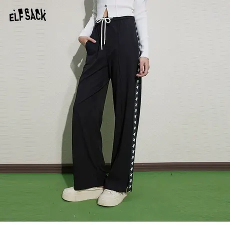 妖精的口袋黑色直筒休闲裤女2023秋季新款小个子显瘦宽松运动长裤图片