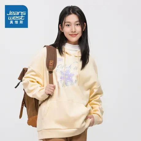 JW真维斯2023冬季新款女装休闲兔毛绒贴合布连帽宽松百搭印花卫衣商品大图