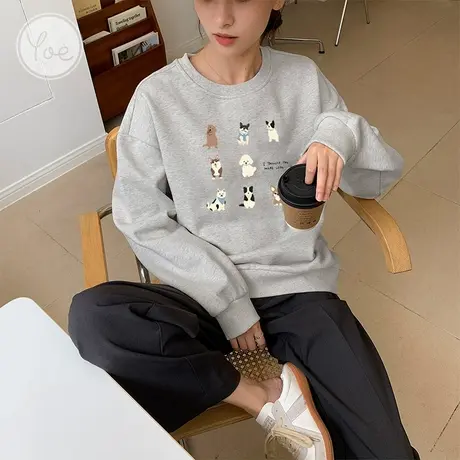 yoe手绘狗狗印花宽松灰色圆领卫衣女小众可爱上衣2024新款外套ins商品大图