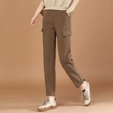 韩潮袭人松紧腰灯芯绒加绒休闲裤女2023冬季新哈伦工装裤子厚图片