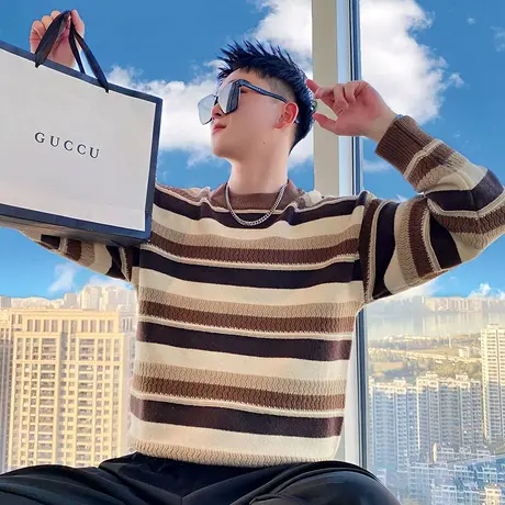 冬季毛衣男ins撞色条纹设计感宽松加厚新款轻熟风保暖内搭针织衫商品大图
