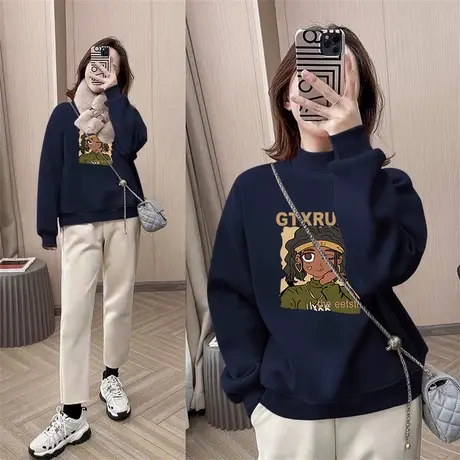 港风chic复古加绒半高领卫衣女潮牌ins大码冬季显白无帽外套上衣商品大图