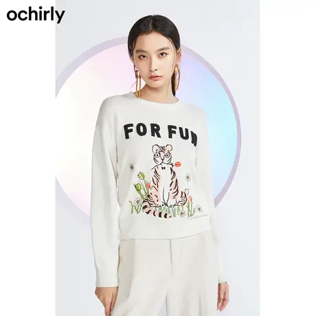 【品牌甄选】欧时力 羊毛套头毛衣女 春装老虎字母图案休闲时尚图片