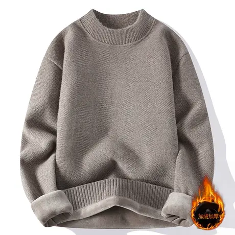 一体绒圆领毛衣男士冬季打底衫针织加绒加厚纯色潮流男装保暖上衣商品大图