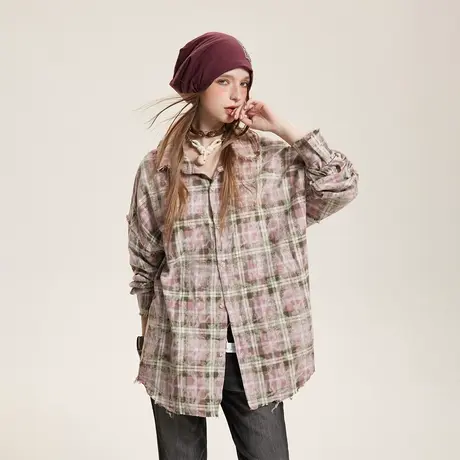 2024年新款春装设计感毛边格子衬衫女宽松情侣装衬衣潮牌内搭上衣商品大图