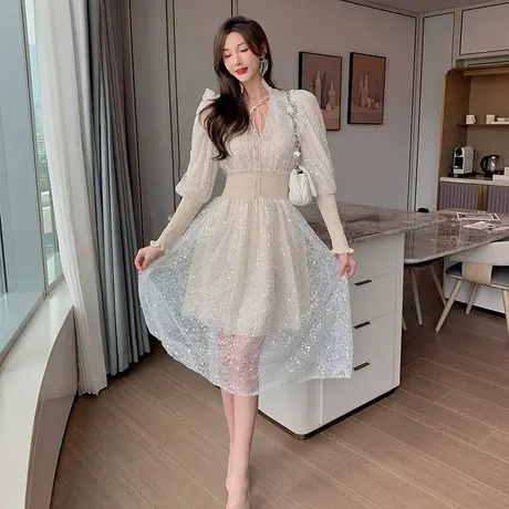 轻奢小众晚礼服裙平时可穿秋季拼接设计感气质超仙蕾丝网纱连衣裙商品大图