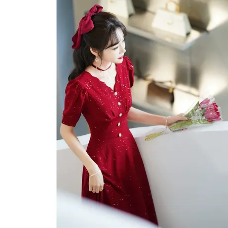 敬酒服新娘2023新款缎面V领中长款小个子订婚回门礼服女平时可穿图片