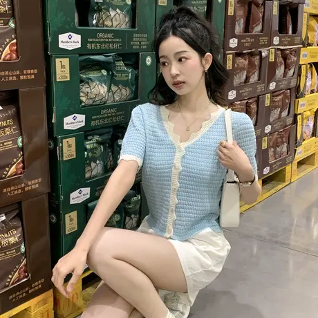 唐狮甜美撞色短袖T恤衫女夏季别致修身蓝色针织衫毛线衫上衣小众商品大图