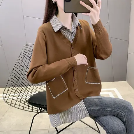 春季新款衬衫拼接假两件毛衣女宽松气质条纹口袋针织打底衫上衣潮图片