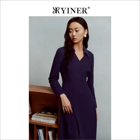 YINER音儿冬季女装含绵羊毛法式海鸥领钉珠收腰连衣裙商品大图