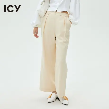icy女装设计春秋新款简约纯色通勤松紧腰褶皱阔腿休闲长裤女商品大图