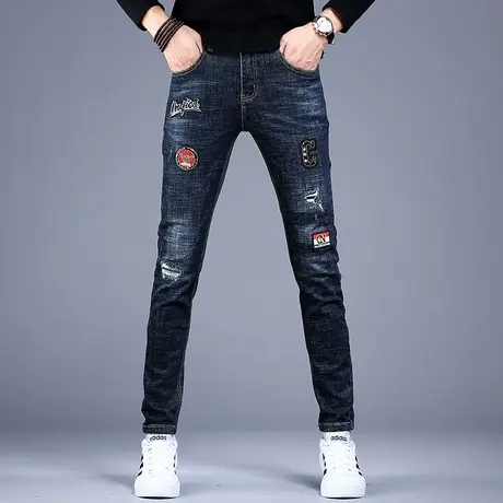 2023年新款男士高端刺绣花牛仔裤男秋款潮牌修身小脚裤子休闲男款图片