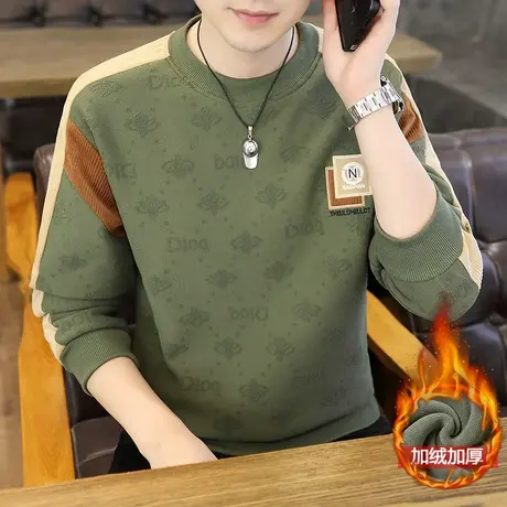 加绒卫衣男秋冬加厚款保暖内搭上衣服时尚贴布刺绣提花拼接打底衫图片