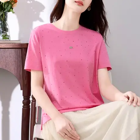 重工烫钻纯棉t恤女夏装2024年新款时尚宽松休闲上衣洋气短袖体恤商品大图