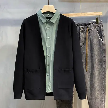 男士弹力开衫假两件针织衫2023秋季新款修身百搭修身翻领毛衣外套商品大图