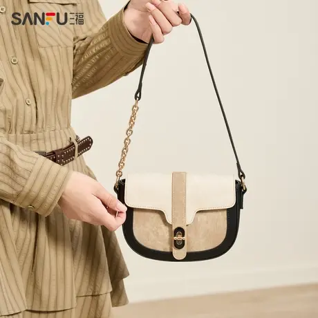 三福斜挎包春季复古拼色马鞍包链条拼皮肩带通勤女包481761商品大图