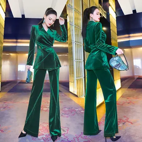 VJE气质秋装西装套装女新款时尚OL西装外套垂顺喇叭裤两件套商品大图