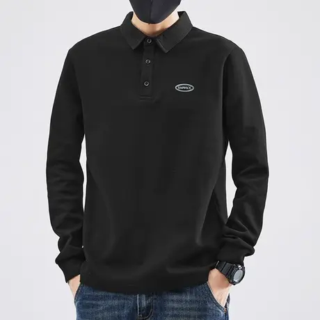 2023新款珠地棉polo衫男长袖翻领t恤保罗黑色打底衫潮流有领秋衣商品大图