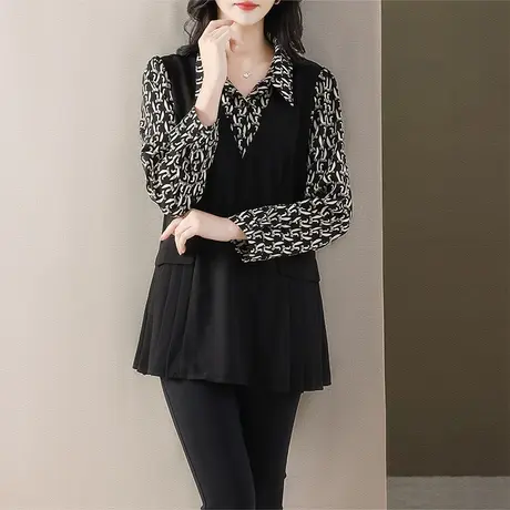 大码女装胖mm2023秋季新款时尚气质修身显瘦拼接假两件衬衫上衣潮图片