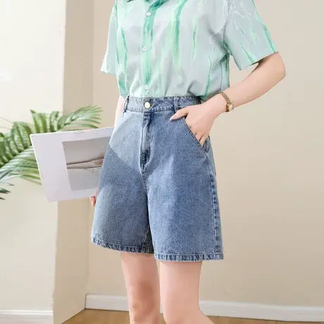 时尚百搭牛仔短裤2023年夏季新款淑女气质简约高腰显瘦通勤直筒裤商品大图