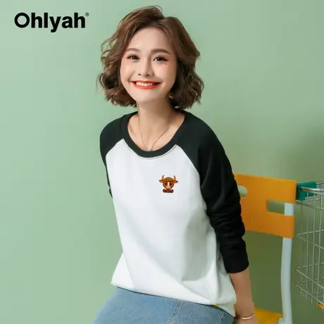 Ohlyah品牌 2023春装卫衣女插肩圆领学生长袖牛年卡通印花新年装图片