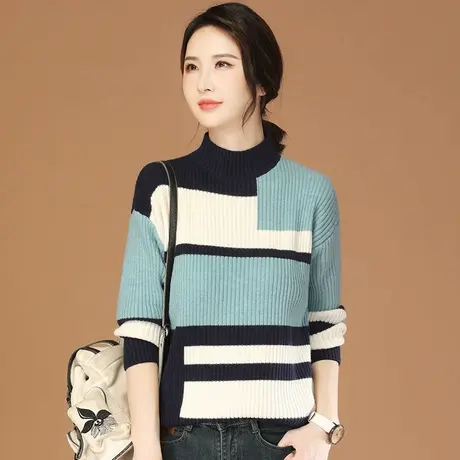 韩潮袭人半高领条纹撞色打底毛衣女2023冬新款休闲百搭针织衫上衣图片